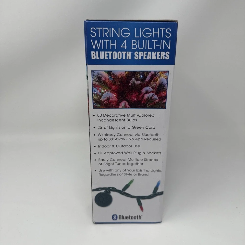 Bright Tunes String Lights with 4 Bluetooth Speakers 26 Foot Cord 80 Lights NEW